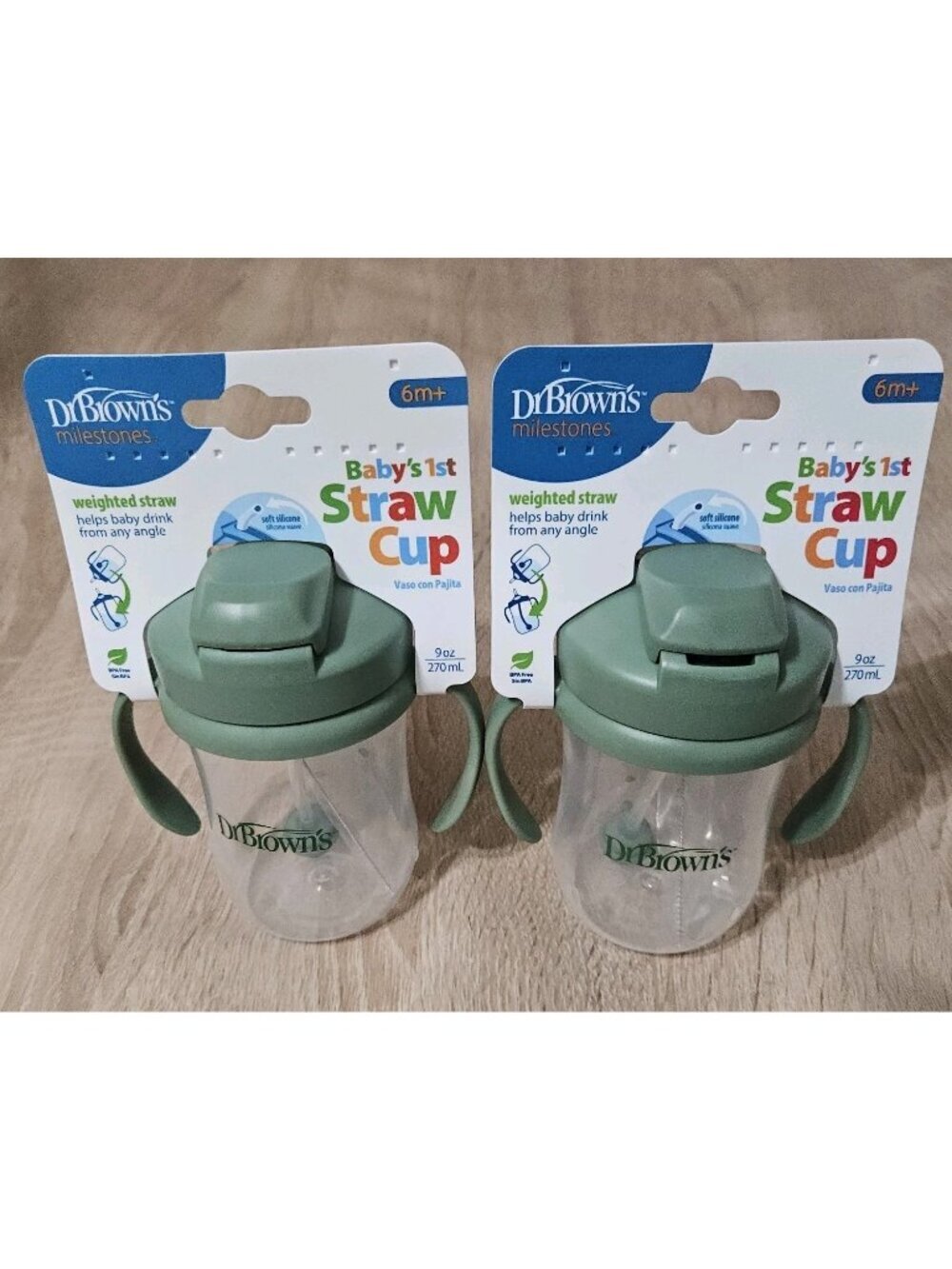 New Dr. Browns Baby's 1st Straw Cup, 6 Months +, Olive Green , 9 oz Lot Of 2